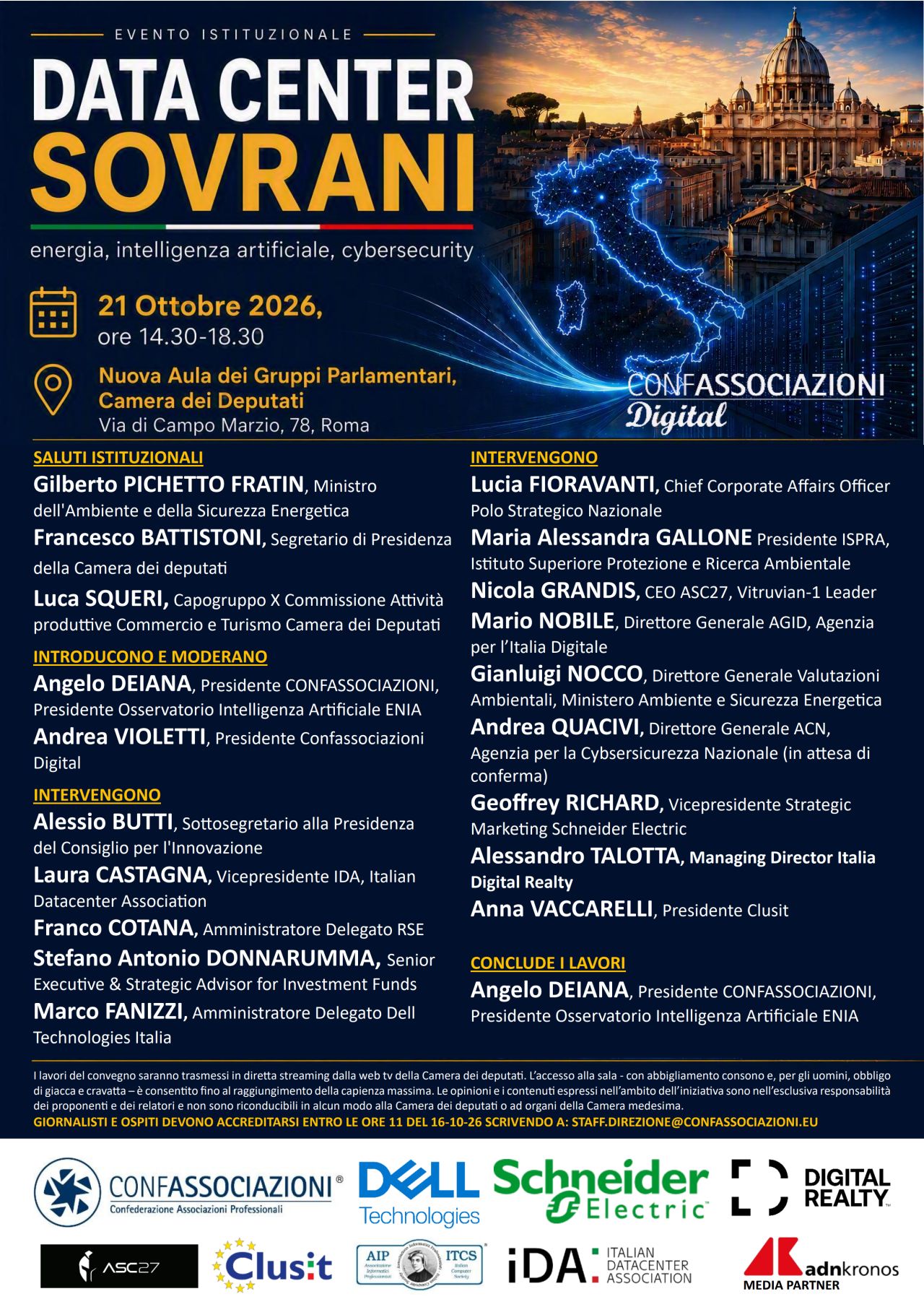 Locandina Data Center Sovrani, 21 ottobre 2026, Camera dei Deputati